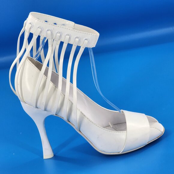 MISSONI Runway White Leather Caged Peep Toe Pumps Heels Ankle Strap NEW FLAWED - Picture 5 of 13